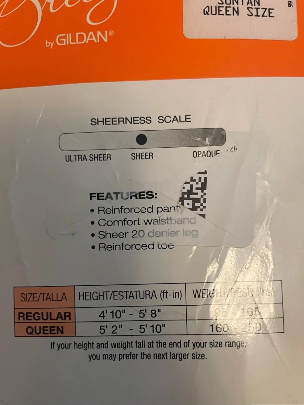 Gildan Sheer Breeze suntan panty hose size queen nylons